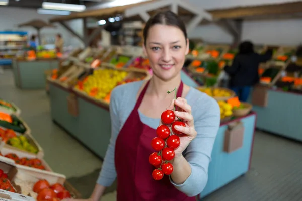 Épicerie Féminine Montrant Tomates Cerises Vigne — Photo