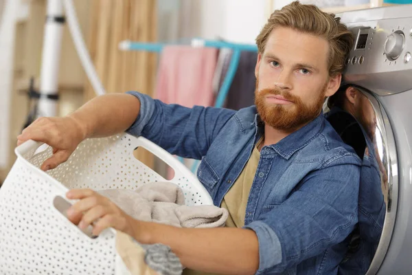 Unmotivated Man Holding Basket Laundry — Stock Photo, Image