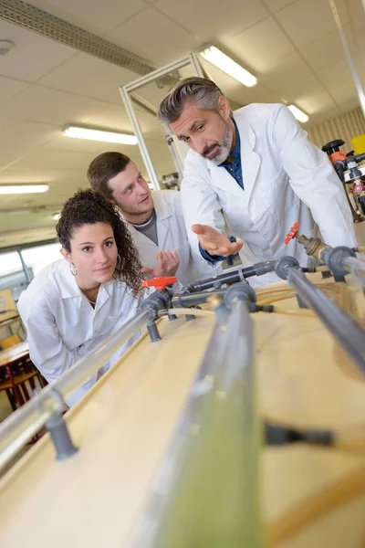 Alunos Engenharia Civil Com Professor Verificando Maqueta — Fotografia de Stock