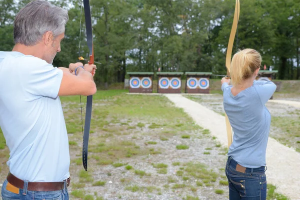 Archery Athletes Aiming Target Distance — Stock Photo, Image