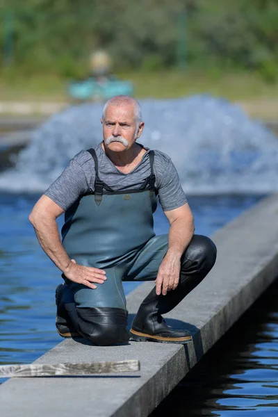 Man Knäböjer Gångväg Över Kommersiell Fisk Inhägnad — Stockfoto