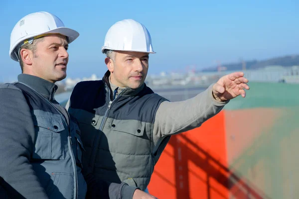Construtores Masculinos Bem Sucedidos Apontando Livre — Fotografia de Stock
