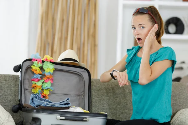 Sad Young Woman Sitting Suitcase Full Clothes — Stock Photo, Image