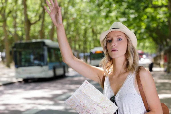 Beautiful Woman Hailing Public Transport — Stock Photo, Image