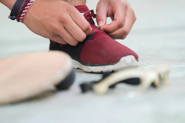 Sportsman Adjusting Shoelace Eyewear Bat Ball — Stock Photo, Image