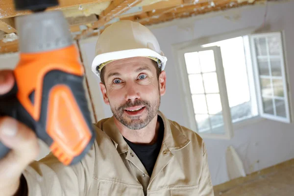 Portrait Worker Drilling Ceiling — Stock Photo, Image