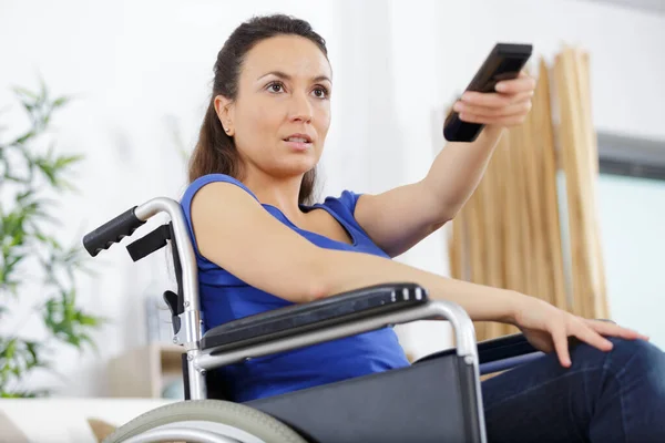 Disabled Woman Wheelchair Watching Movies Home — Stock Photo, Image