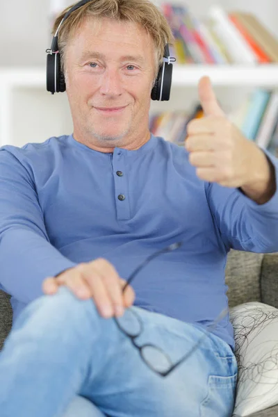 Happy Middle Age Man Showing Finger — Stock Photo, Image