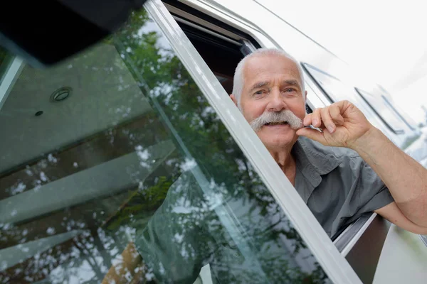 Senior Man Driving Road Camper Van — Foto de Stock