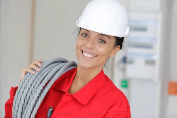 Portrait Female Builder Helmet Cable — Stock Photo, Image