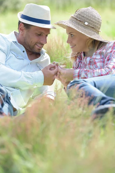 Loving Couple Layed Long Grass — Stock Photo, Image