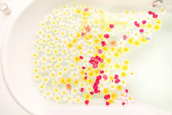 Bagno termale pieno di fiori di frangipani per il relax — Foto Stock
