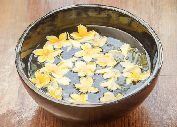Bunga frangipani kuning mengambang di mangkuk spa — Stok Foto