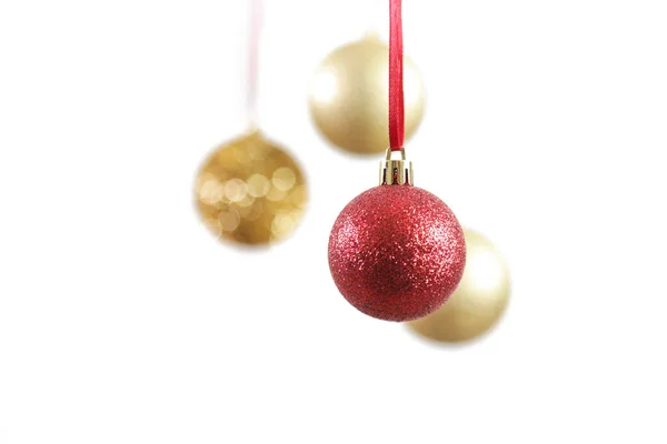 Gold Red Christmas Shiny Balls Hanging Front White Background Large — Stock Photo, Image