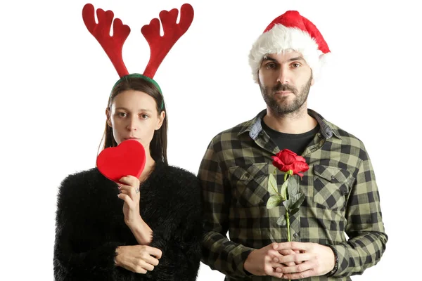 Retrato Estudio Una Joven Pareja Que Lleva Sombrero Santa Diadema — Foto de Stock