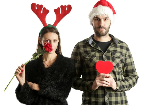 Retrato Estudio Una Joven Pareja Que Lleva Sombrero Santa Diadema — Foto de Stock