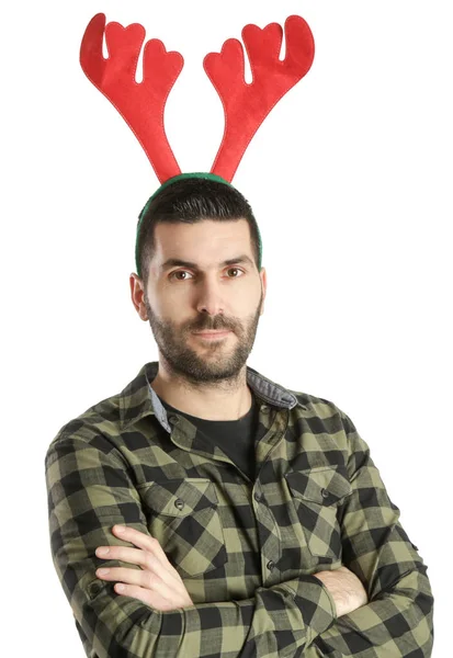 Studio Portrait Handsome Young Man Wearing Red Reindeer Headband Isolated — Stock Photo, Image