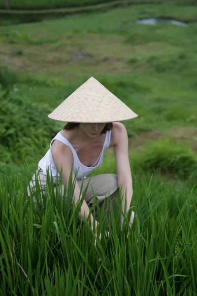 Vrouw Met Traditionele Bamboe Hoed Het Rijstveld Terras — Stockfoto