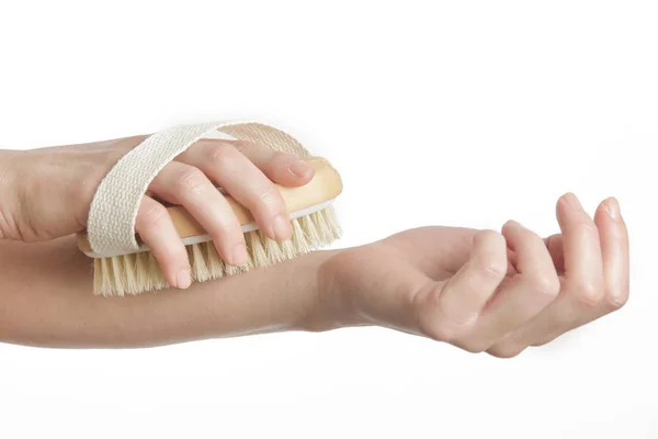 Dry Body Brush Woman Dry Brushing Body Reduce Cellulite Detoxify — Stock Photo, Image