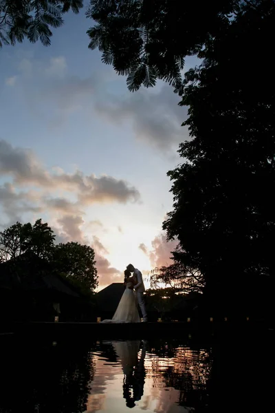 Siluetas Novia Novio Bailando Durante Hermoso Atardecer Hermosa Boda Romántica — Foto de Stock