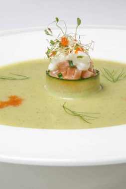 Somon tartarlı soğuk salatalık çorbası. Enfes bir yemek. Yaratıcı restoran yemeği konsepti.