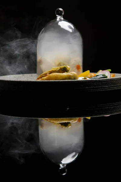 Minutos Fumados Escalope Butterfish Servido Com Legumes Cozidos Vapor Prato — Fotografia de Stock