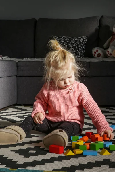 Adorable Toddler Girl Sitting Floor Playing Colorful Wooden Blocks Natural — 图库照片