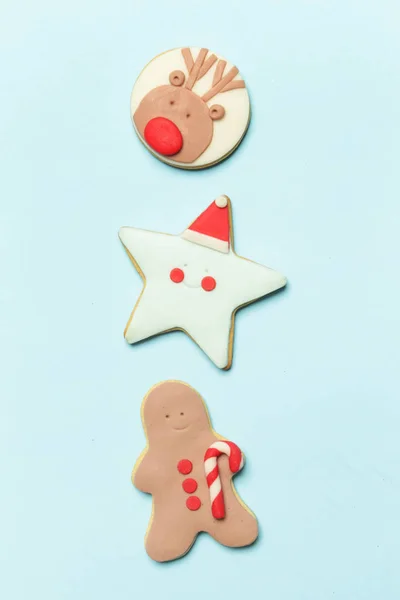 Flat lay of gingerbread Christmas cookies, Winter holidays decorated biscuits, cute royal icing cookies