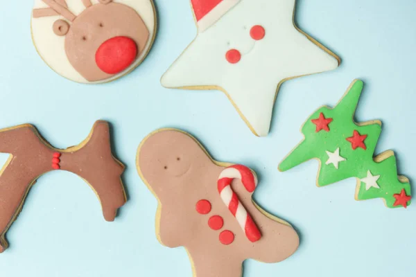 Flat Lay Gingerbread Christmas Cookies Winter Holidays Decorated Biscuits Cute — Stock Photo, Image