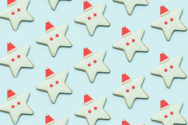 Platt Läggning Pepparkakor Christmas Cookies Blå Bakgrund Vinter Semester Dekorerade — Stockfoto