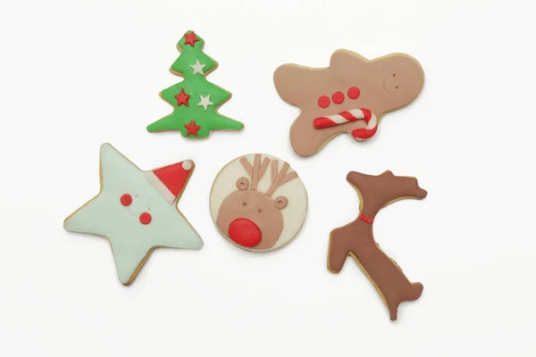 Ploché Položení Perníku Vánoční Cukroví Zimní Prázdniny Zdobené Sušenky Roztomilé — Stock fotografie