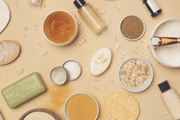 Naturalny Organiczny Kosmetyk Płaski Lay Koncepcja Spa Domowego Produkty Pielęgnacji — Zdjęcie stockowe