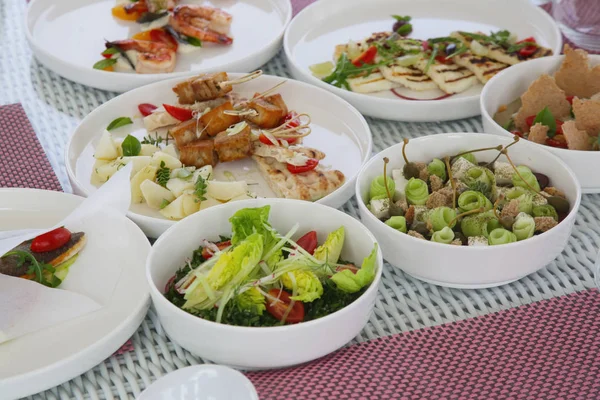 各种健康的鱼和蔬菜餐摆在桌上 健康的夏季午餐 — 图库照片
