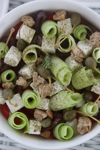 Cucumber Salad Olives Feta Cheese — Stock Photo, Image