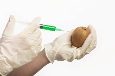 Genetik olarak tasarlanmış gıda konsepti olan kivi meyvesine enjekte edilen iğnenin yakın çekimi.