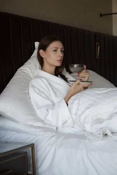 Serene Woman Drinking Coffee Bed Casual Relaxing Time Alone — 스톡 사진