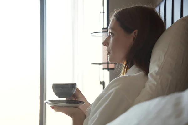 Serene Woman Drinking Coffee Bed Casual Relaxing Time Alone — 스톡 사진