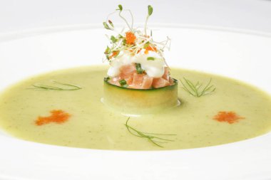 Somon tartarlı soğuk salatalık çorbası. Enfes bir yemek. Yaratıcı restoran yemeği konsepti.
