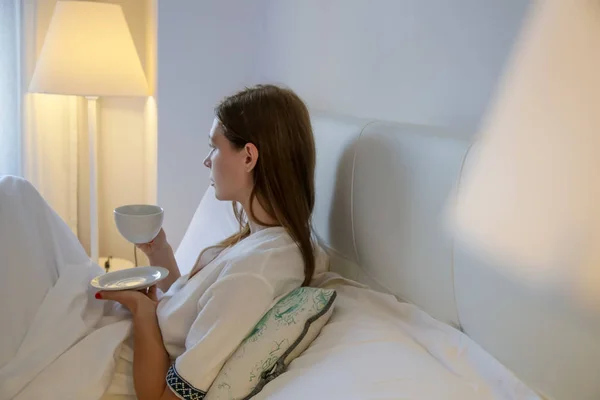 Serene Woman Drinking Coffee Bed Casual Relaxing Time Alone — 스톡 사진