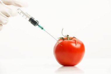 Genetik olarak tasarlanmış gıda konsepti olan kırmızı domatese enjekte edilen iğnenin yakın çekimi.