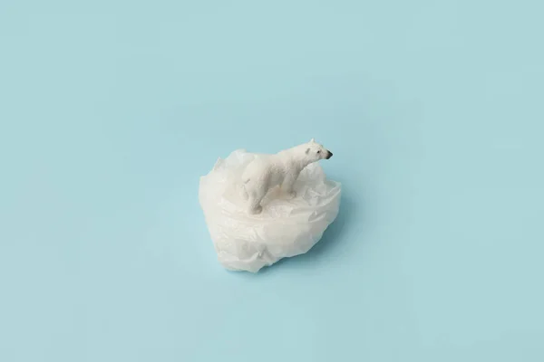 White Polar Bear Plastic Bag Blue Background Plastic Pollution Climate — 스톡 사진