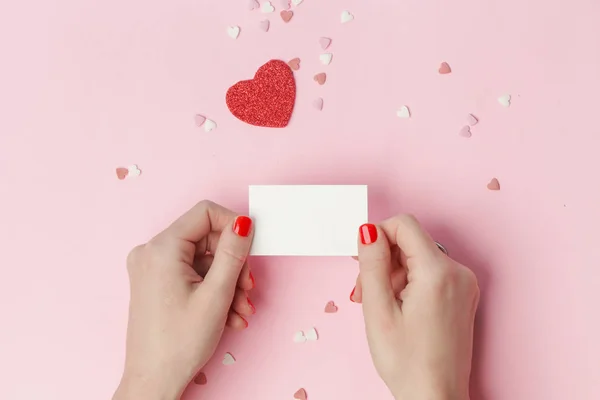 Top View Female Holding Blank Card Pink Background Valentine Day — 스톡 사진