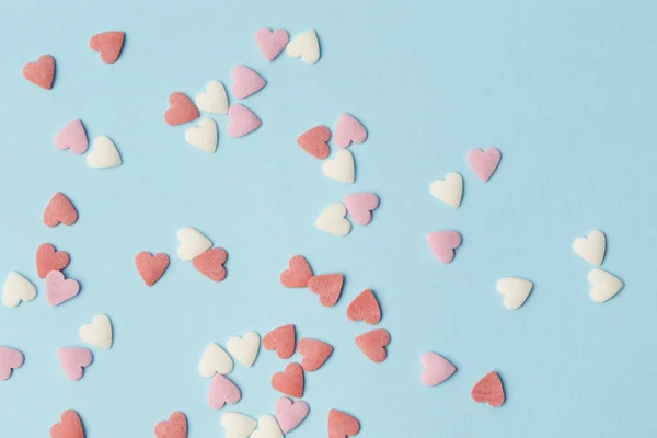 Pastelově Růžová Bílá Srdce Modrém Pozadí Valentýn Den Matek Narozeniny — Stock fotografie