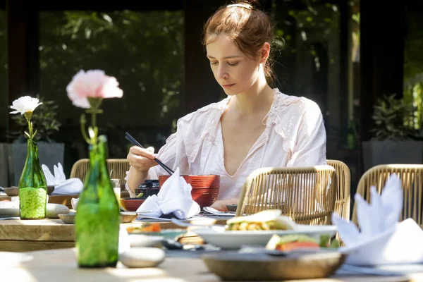 Beautiful Woman Eats Breakfast Outdoor Cafe Summertime Lunch Break Candid — 스톡 사진