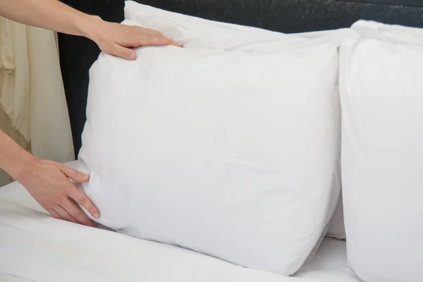 Hotel Room Service Hands Set White Pillow Bed — Stock Photo, Image