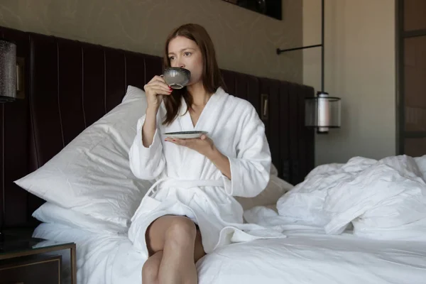 Serene Woman Drinking Coffee Bed Casual Relaxing Time Alone — 스톡 사진