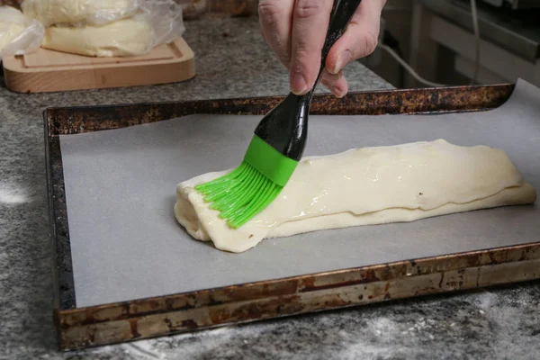 Proceso Hacer Pan Aperitivo Italiano Relleno Fabricación Pan Peluche Salado — Foto de Stock