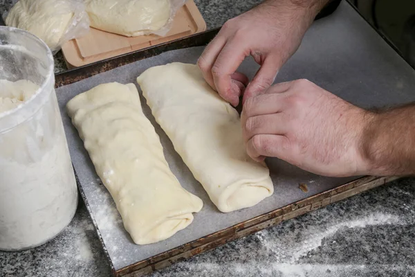 Processo Fazer Pão Recheado Aperitivo Italiano Fazer Pão Recheado Salgado — Fotografia de Stock