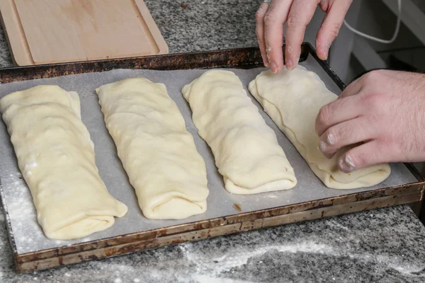 Prozess Der Herstellung Von Hausgemachten Flachen Bred Serie Von Fotos — Stockfoto