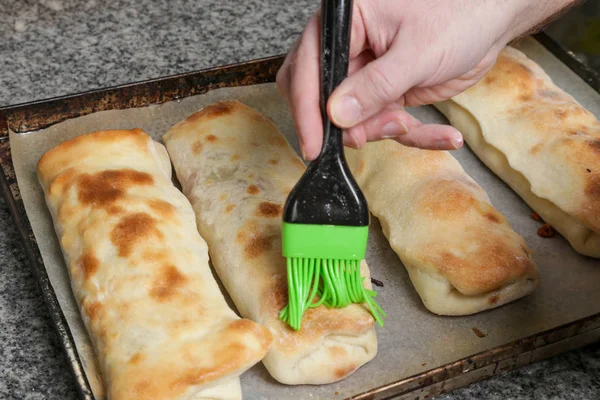 Process Making Italian Appetizer Stuffed Bread Making Simple Savory Stuffed — Stock Photo, Image